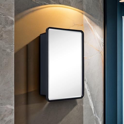 TEHOME Surface Mount 16x24 Black Bathroom Medicine Cabinet with Mirror Matt Black Metal Framed Rounded Rectangle Medicine Cabinet with Beveled Mirror