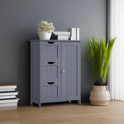 VASAGLE Bathroom Floor Storage Cabinet, Freestanding Bathroom Storage Unit with 3 Drawers, 1 Adjustable Shelf, 11.8 x 23.6 x 31.5 Inches, Slate Gray UBBC049G01