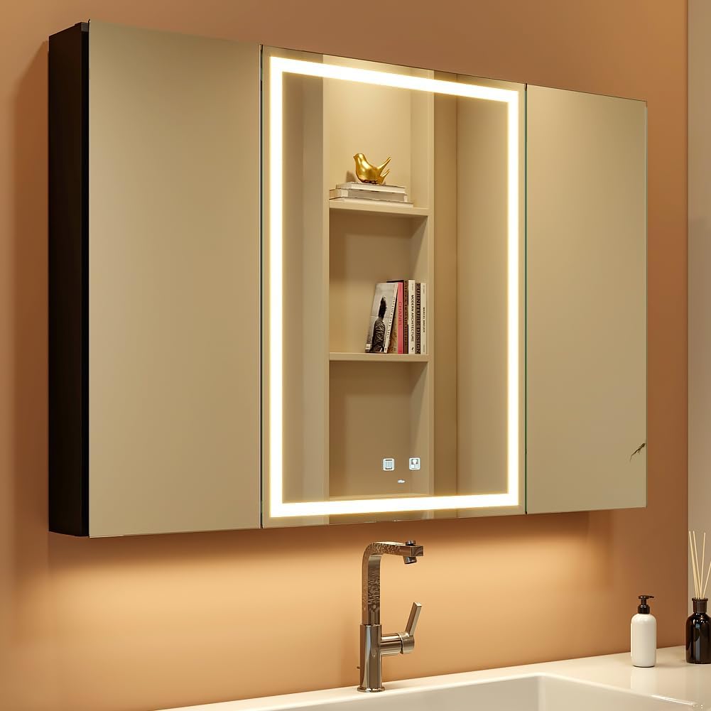 KWW LED Lighted Bathroom Medicine Cabinet with Sockets & USBs, Defogger, Dimmable, 3 Color Light Makeup Mirror, Easy to Install, Wall Mounted Cabinet (29.5 * 28)