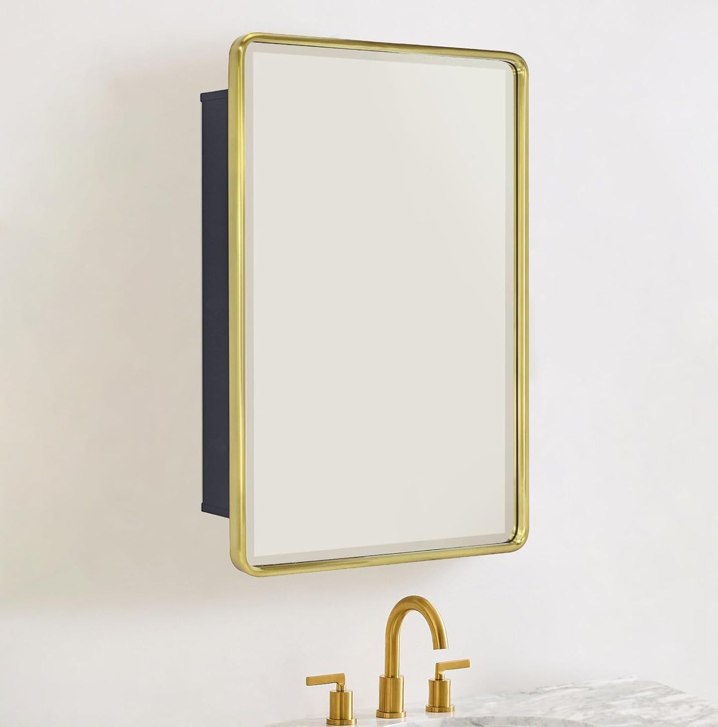 TEHOME Surface Mount 16x24 Black Bathroom Medicine Cabinet with Mirror Matt Black Metal Framed Rounded Rectangle Medicine Cabinet with Beveled Mirror