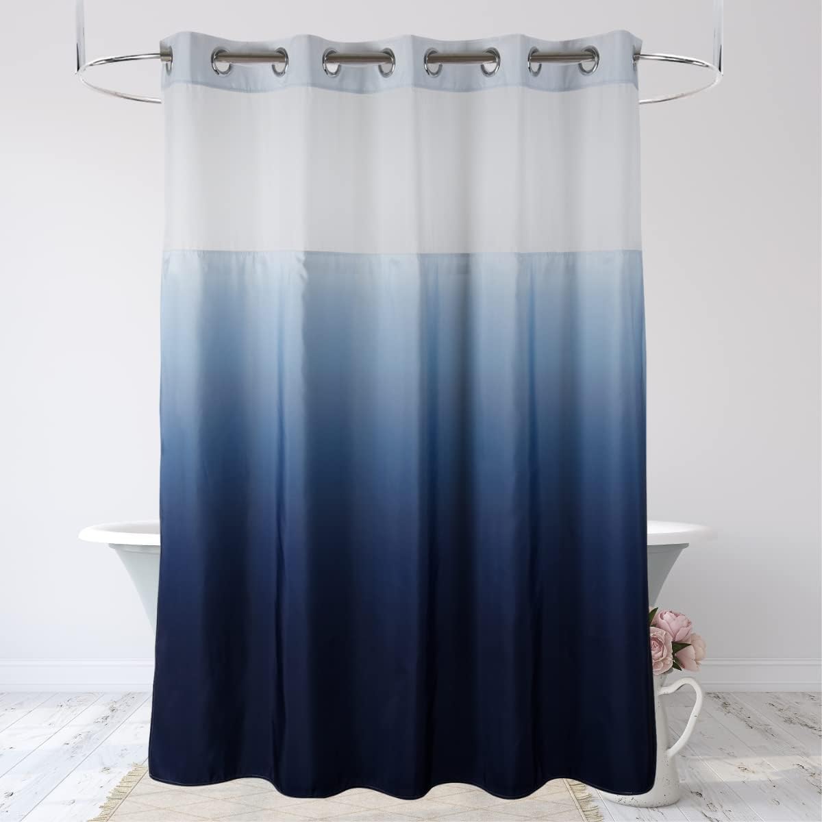 Hotel Grade Waffle Weave Fabric Hook Free Shower Curtain with Magnets Snap-in Liner - Heavy Duty Bath Curtain with See Through Top Machine Washable 71" W * 79“ L White