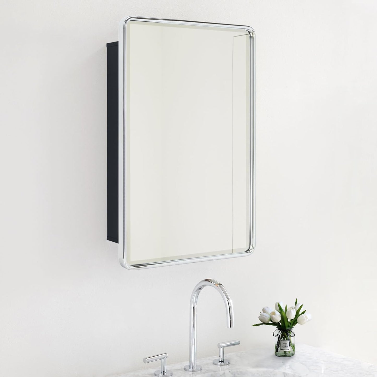 TEHOME Surface Mount 16x24 Black Bathroom Medicine Cabinet with Mirror Matt Black Metal Framed Rounded Rectangle Medicine Cabinet with Beveled Mirror