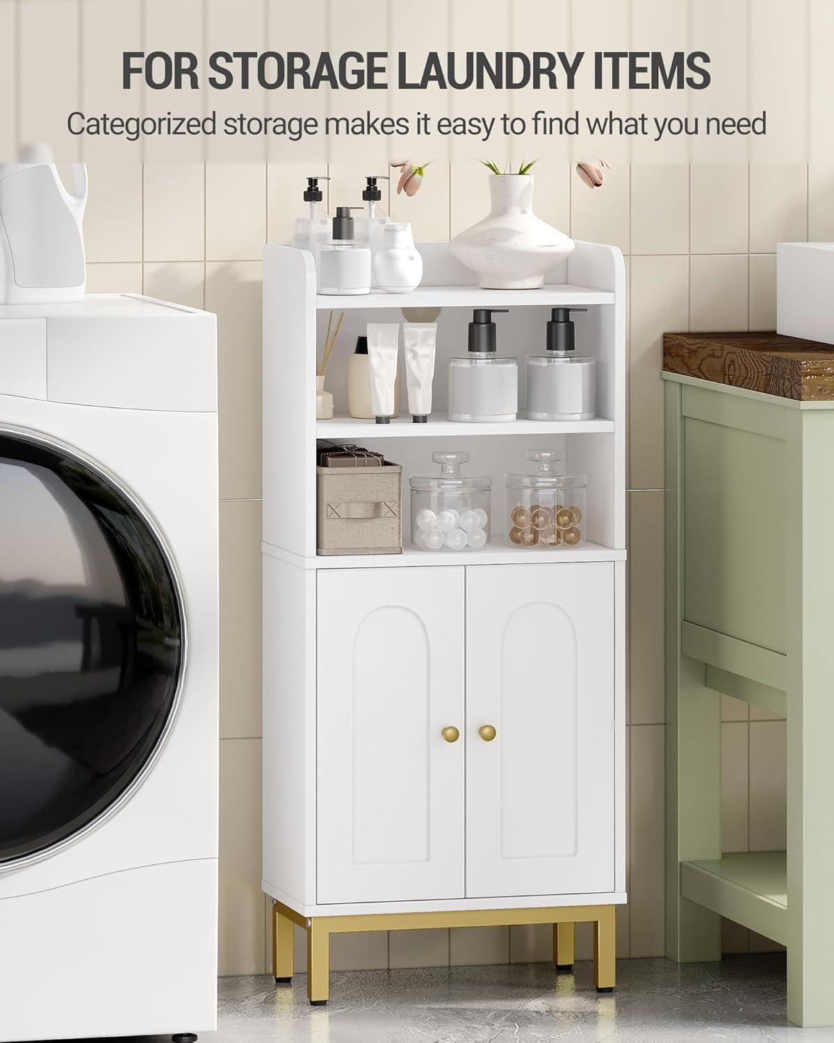 Bathroom Storage Cabinet, Small Floor Cabinet with 2 Door and Shelves, Toilet Paper Cabinets, Bathroom Organizer with Adjustable Shelf, for Small Spaces (Modern, White)
