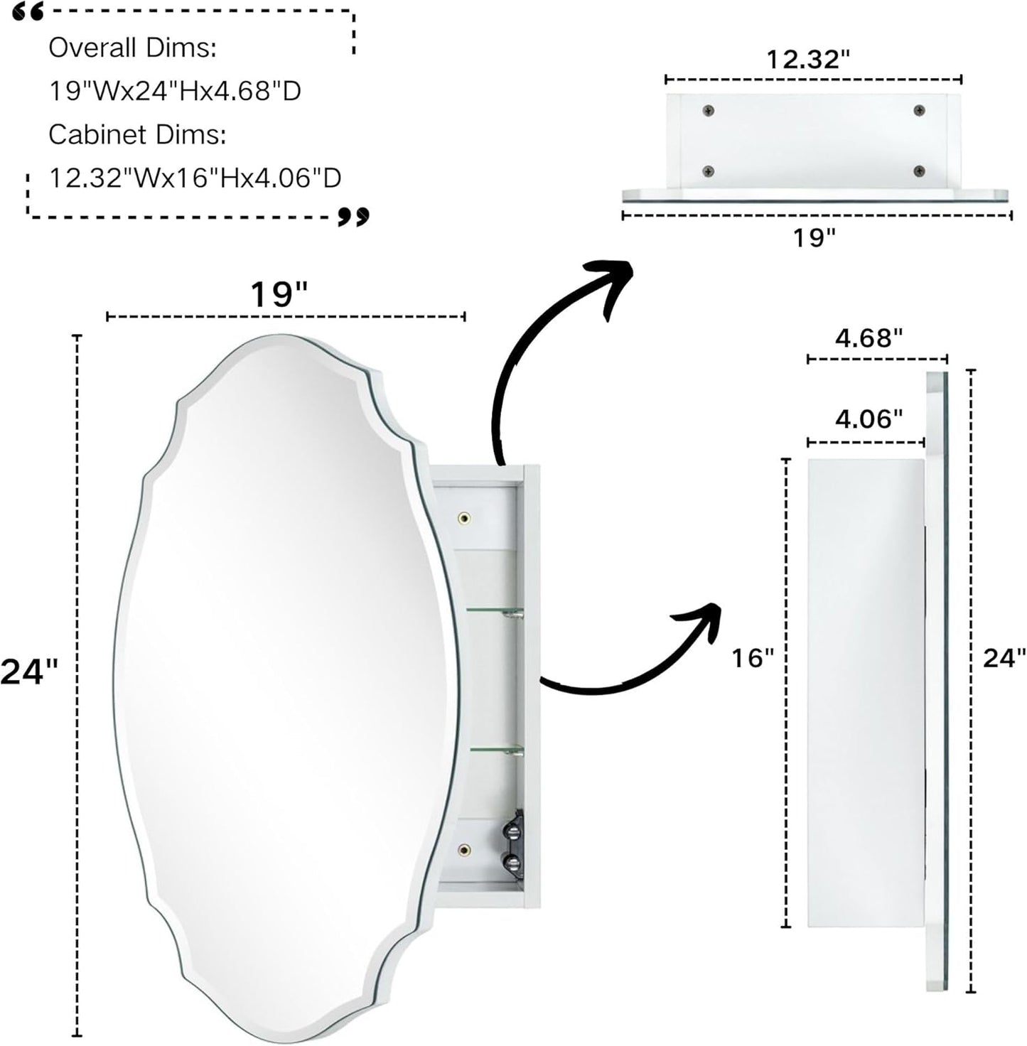 TOMACE Frameless Assymetrical Oval Medicine Cabinet with Beveled Mirror Irregular Surface Bathroom Medicine Cabinet Mirror with Storage for Bathroom 19'' H x 24'' W
