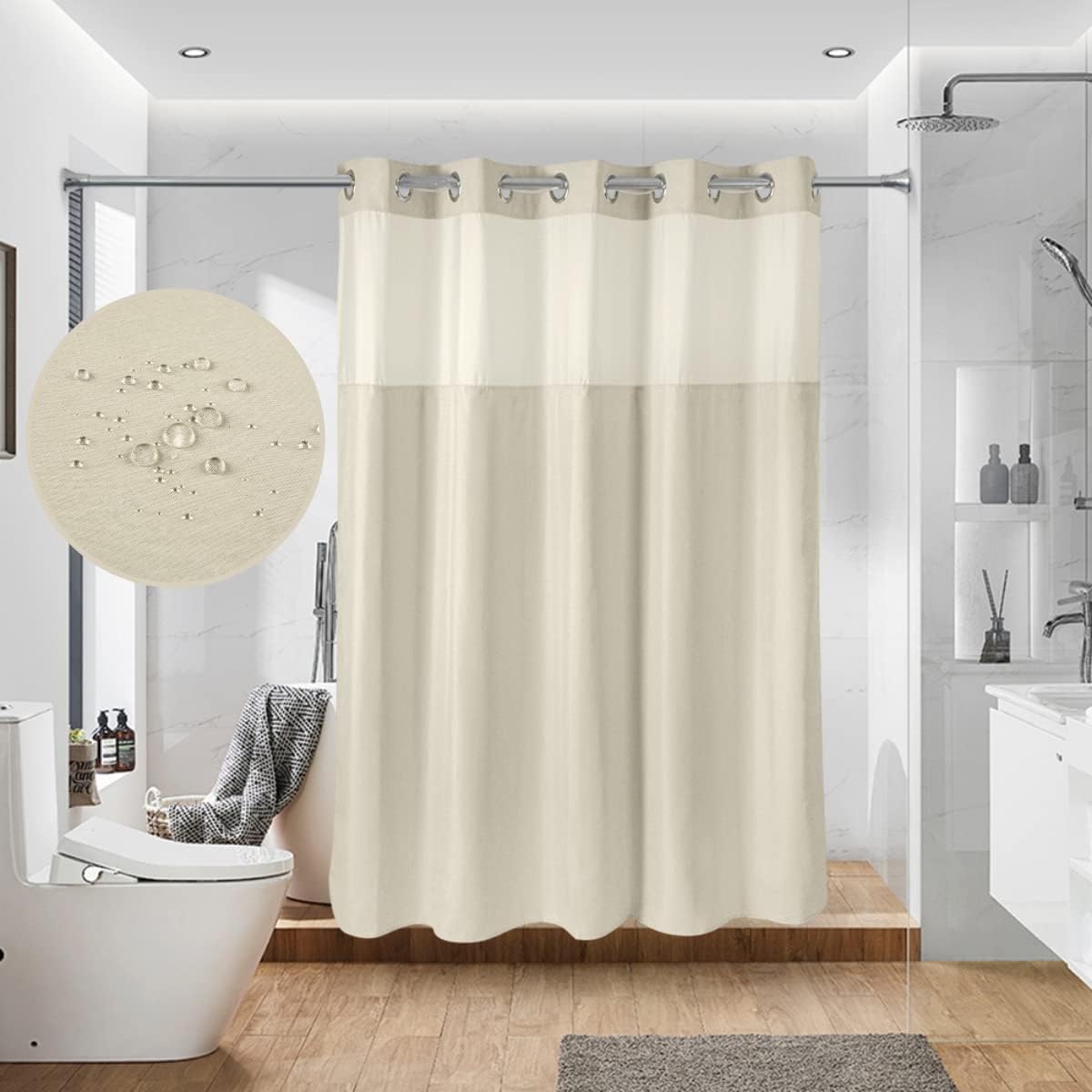 Hotel Grade Waffle Weave Fabric Hook Free Shower Curtain with Magnets Snap-in Liner - Heavy Duty Bath Curtain with See Through Top Machine Washable 71" W * 79“ L White