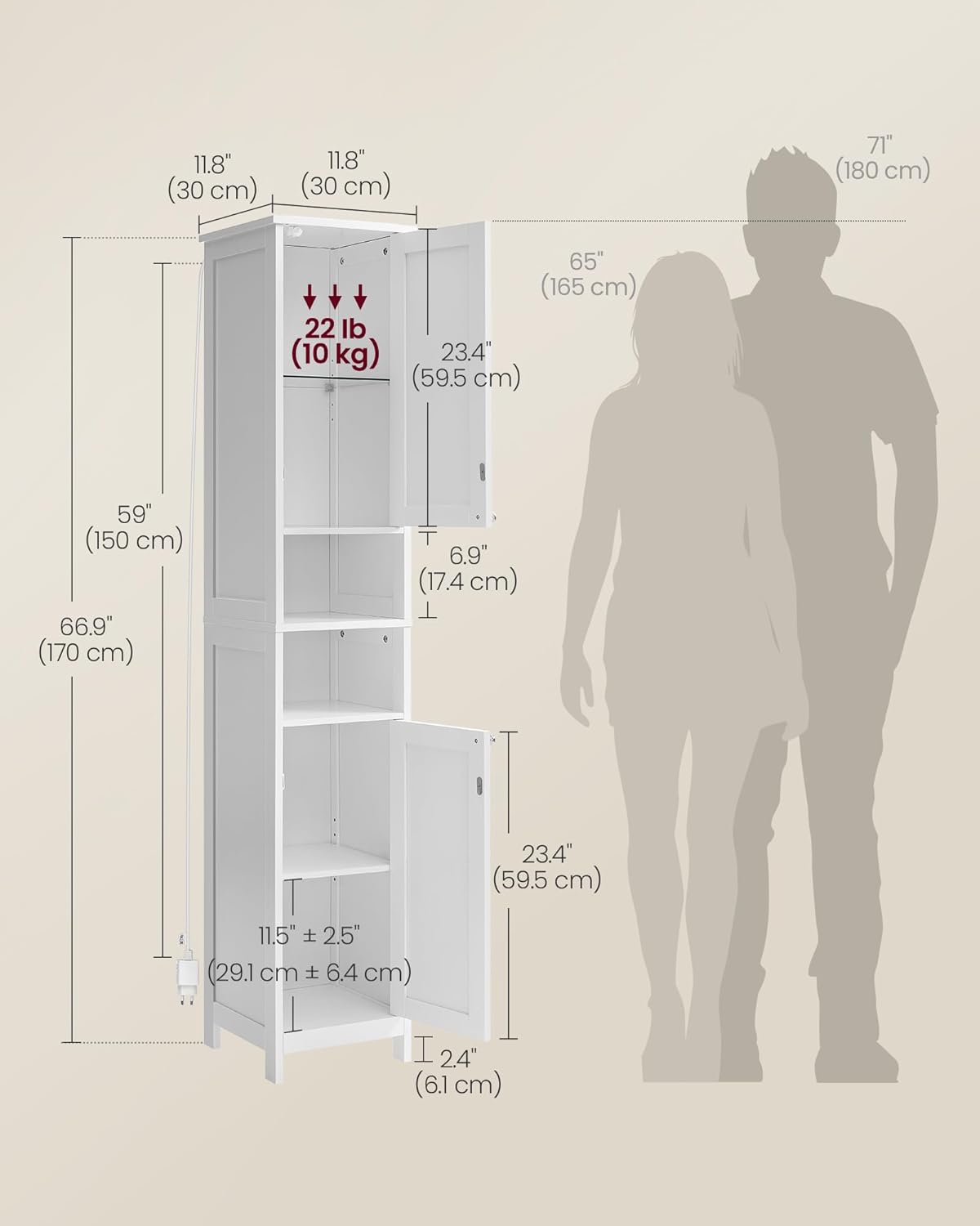 VASAGLE Tall Bathroom Cabinet with Lights, Slim Freestanding Bathroom Storage Cabinet with Adjustable Shelves, for Small Spaces, Modern, 11.8 Inches Wide, Cloud White UBBC566W02