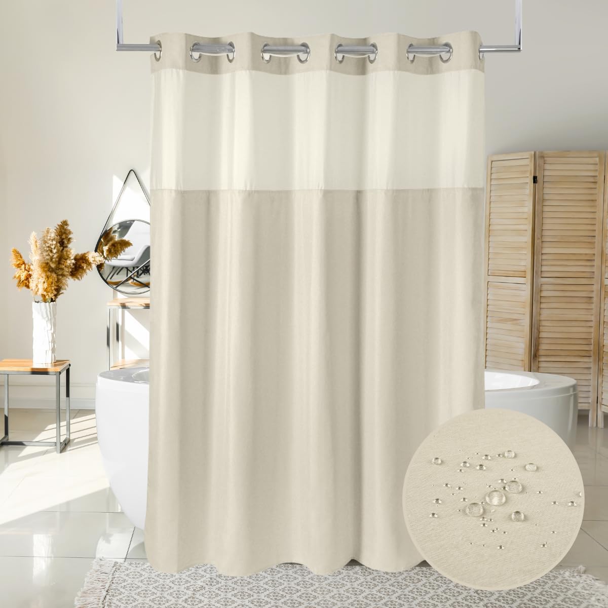 Hotel Grade Waffle Weave Fabric Hook Free Shower Curtain with Magnets Snap-in Liner - Heavy Duty Bath Curtain with See Through Top Machine Washable 71" W * 79“ L White