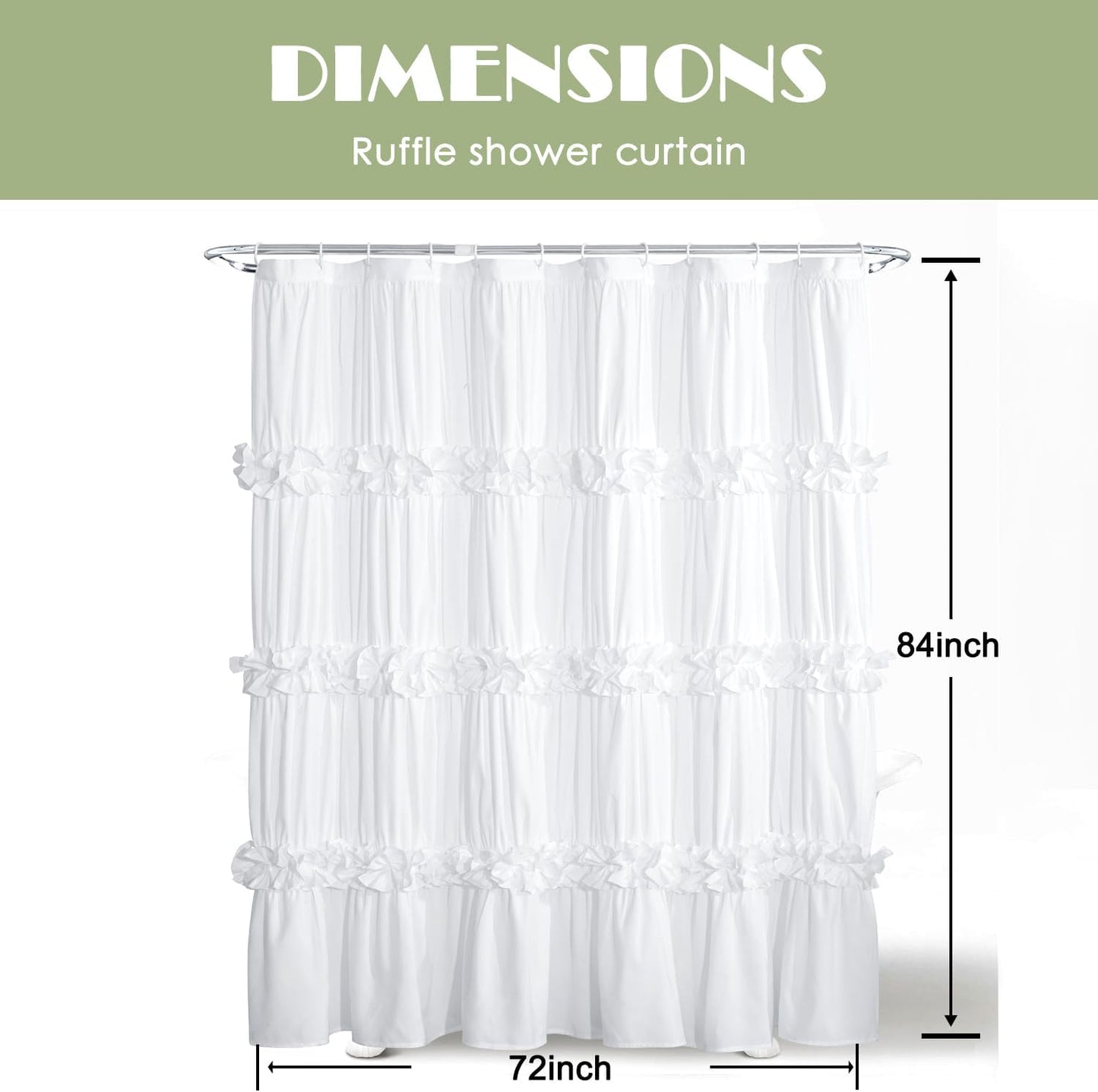 Victorian Ruffle Shower Curtain, Vintage Handcrafted Bow Tie Bath Curtain for Master Bathroom, Ruched Microfiber Bathroom Curtain with 12 Buttonholes, 72" W x 84" H, White (LQ-10)