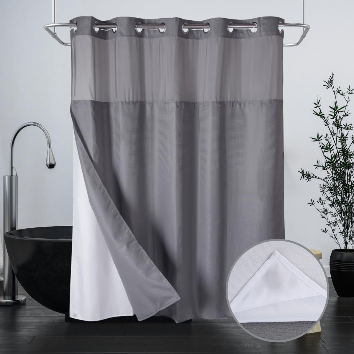 Hotel Grade Waffle Weave Fabric Hook Free Shower Curtain with Magnets Snap-in Liner - Heavy Duty Bath Curtain with See Through Top Machine Washable 71" W * 79“ L White