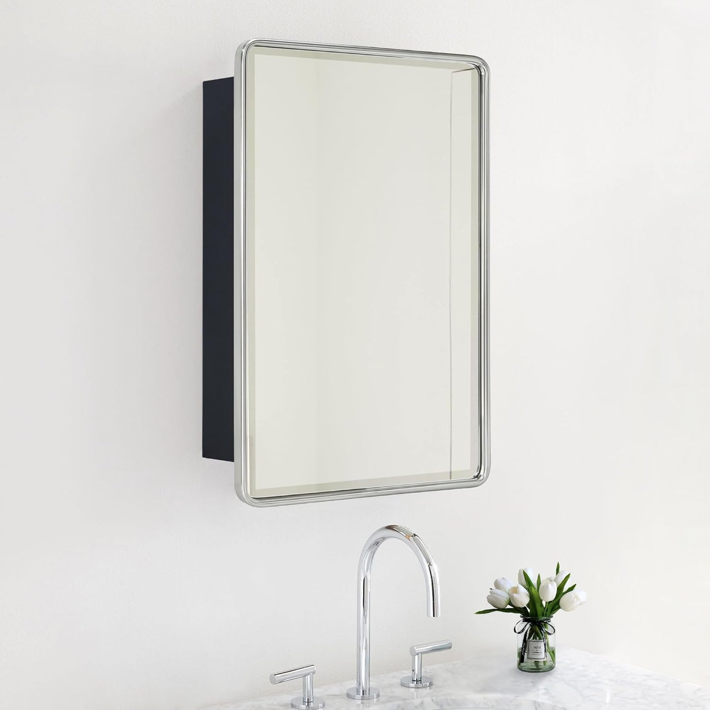 TEHOME Surface Mount 16x24 Black Bathroom Medicine Cabinet with Mirror Matt Black Metal Framed Rounded Rectangle Medicine Cabinet with Beveled Mirror