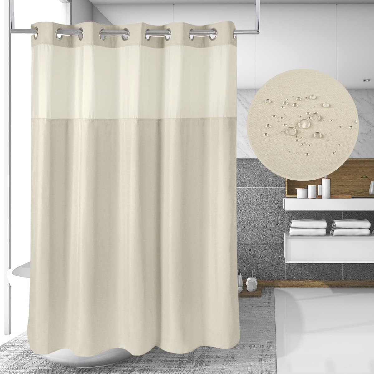 Hotel Grade Waffle Weave Fabric Hook Free Shower Curtain with Magnets Snap-in Liner - Heavy Duty Bath Curtain with See Through Top Machine Washable 71" W * 79“ L White
