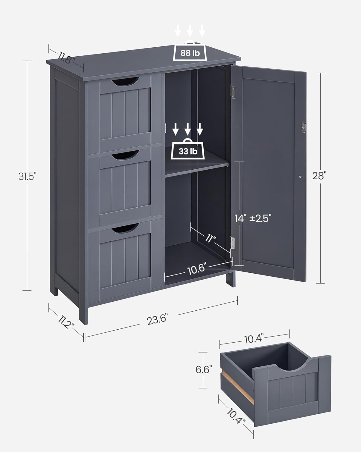 VASAGLE Bathroom Floor Storage Cabinet, Freestanding Bathroom Storage Unit with 3 Drawers, 1 Adjustable Shelf, 11.8 x 23.6 x 31.5 Inches, Slate Gray UBBC049G01