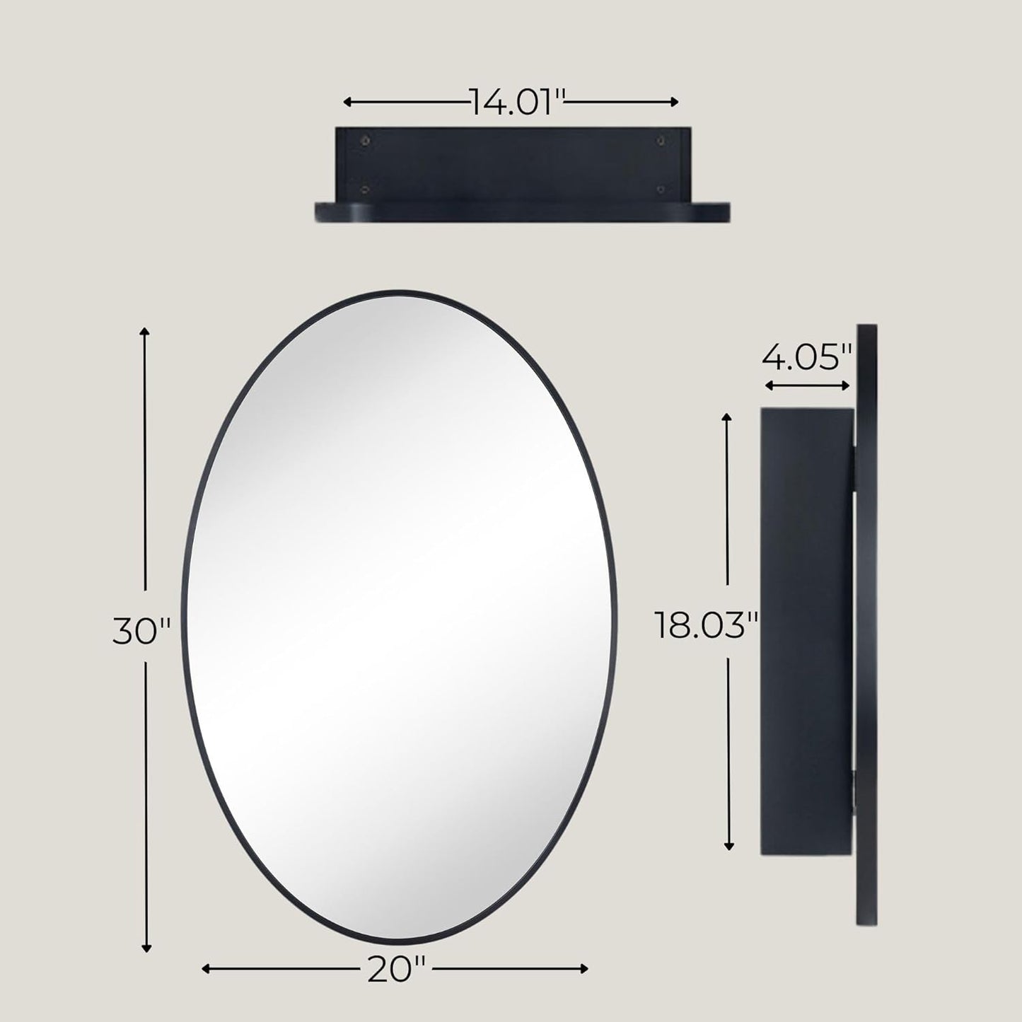 Surface Mount Black Oval Bathroom Medicine Cabinet with Mirror Metal Framed Oval Bathroom Storage Cabinet, 20x30''