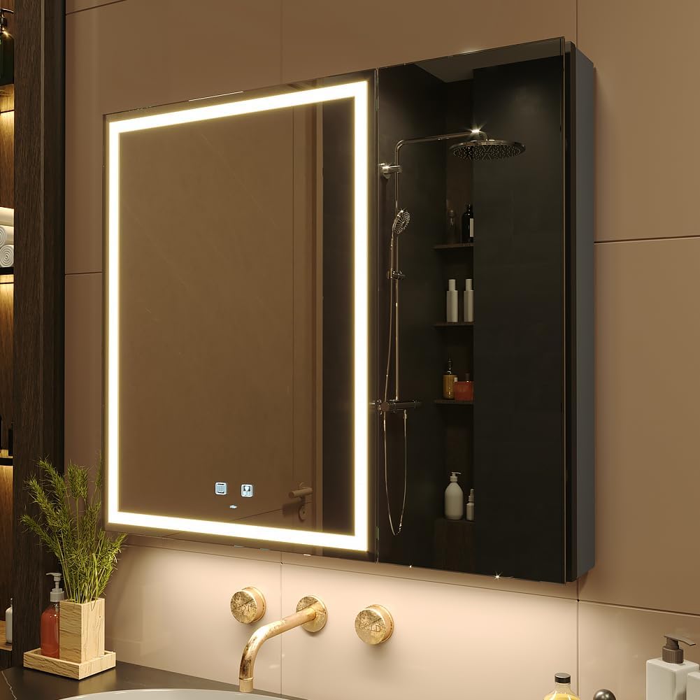 KWW LED Lighted Bathroom Medicine Cabinet with Sockets & USBs, Defogger, Dimmable, 3 Color Light Makeup Mirror, Easy to Install, Wall Mounted Cabinet (29.5 * 28)