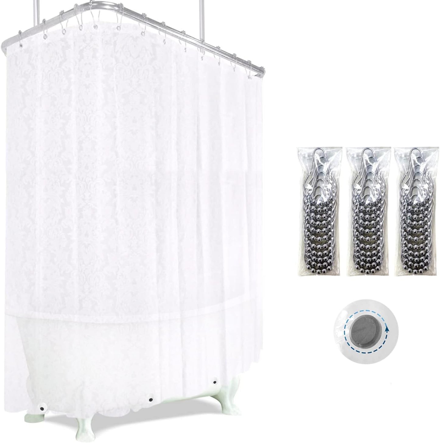 Ombre Grey Clawfoot Tub Shower Curtain Liner 180Wx60H Geometric Neutral Soft Wrap Around Shower Curtain Liner Washable,Water Repellent,with 36 Metal Hooks, Magnets