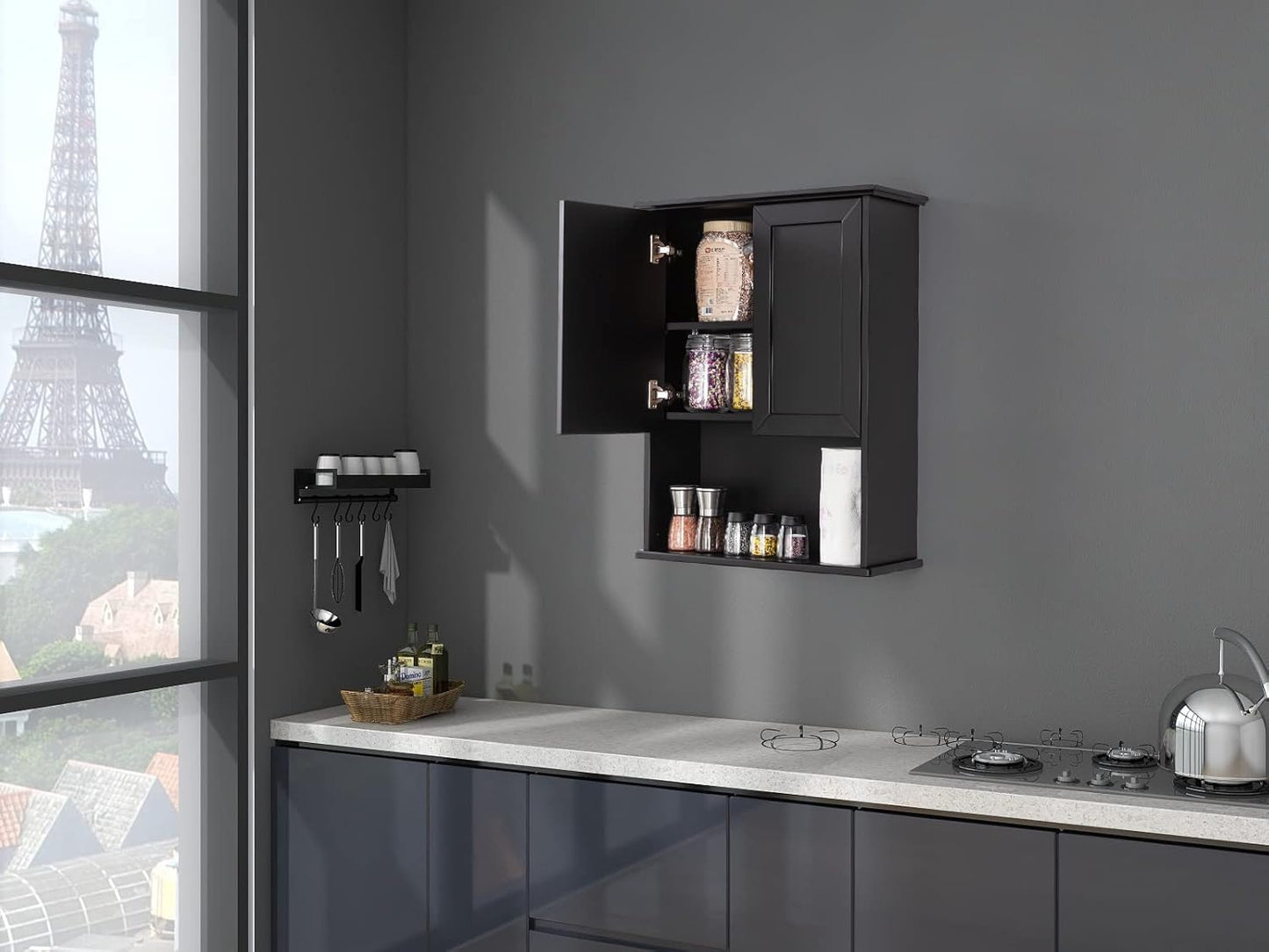 Black Bathroom Cabinet 23x29 inch Wooden Medicine Cabinet with 2 Doors and Adjustable Shelf, Wall Mounted Over Toilet Storage