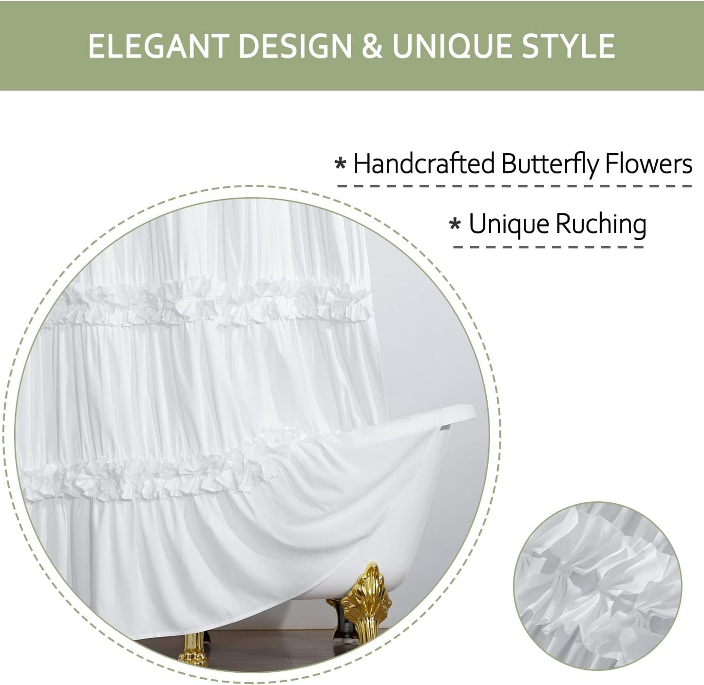 Victorian Ruffle Shower Curtain, Vintage Handcrafted Bow Tie Bath Curtain for Master Bathroom, Ruched Microfiber Bathroom Curtain with 12 Buttonholes, 72" W x 84" H, White (LQ-10)