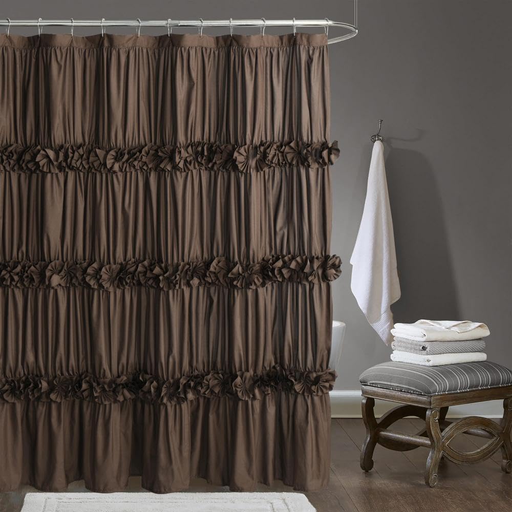 Victorian Ruffle Shower Curtain, Vintage Handcrafted Bow Tie Bath Curtain for Master Bathroom, Ruched Microfiber Bathroom Curtain with 12 Buttonholes, 72" W x 84" H, White (LQ-10)