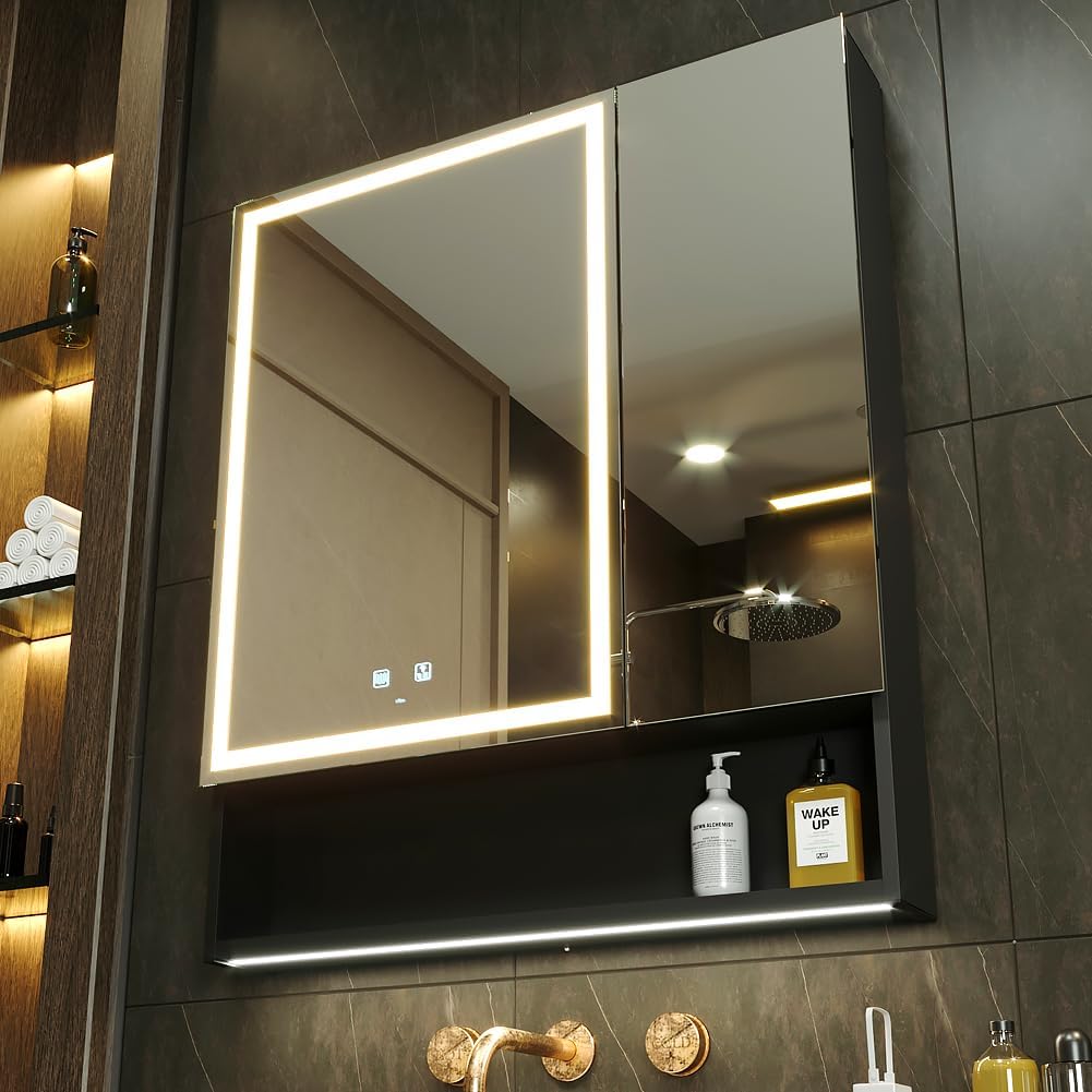 KWW LED Lighted Bathroom Medicine Cabinet with Sockets & USBs, Defogger, Dimmable, 3 Color Light Makeup Mirror, Easy to Install, Wall Mounted Cabinet (29.5 * 28)