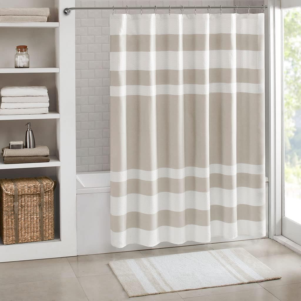 Madison Park Shower Curtain Waffle Weave Striped Pieced Design Fabric Shower Curtains for Bathroom with 3M Scotchgard Moisture Management Premium Spa Quality Modern Standard 72"x72" Grey
