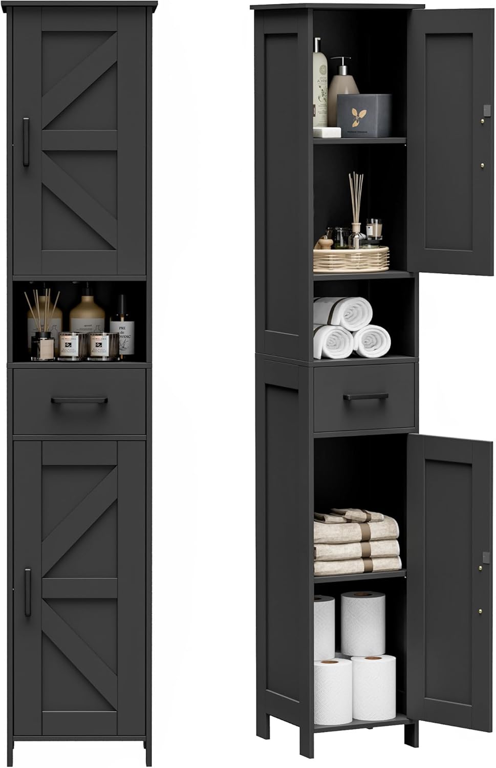 Homhedy 67" H Tall Bathroom Storage Cabinet with 2 Barn Doors and 1 Drawer, Narrow Storage Unit, Adjustable Shelves, Floor Cabinet for Bathroom, Living Room, Entryway, Kitchen, White, (15.7" W)