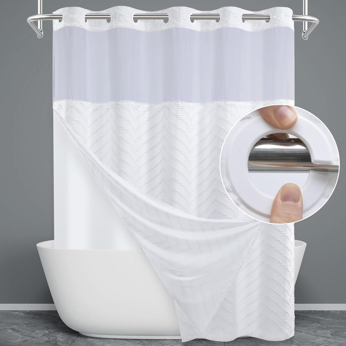 No Hook Shower Curtain with Snap in Liner, Tufted Chevron Striped Shower Curtain Set for Bathroom, Boho Waterproof and Washable Shower Curtains,71Wx74H, Grey