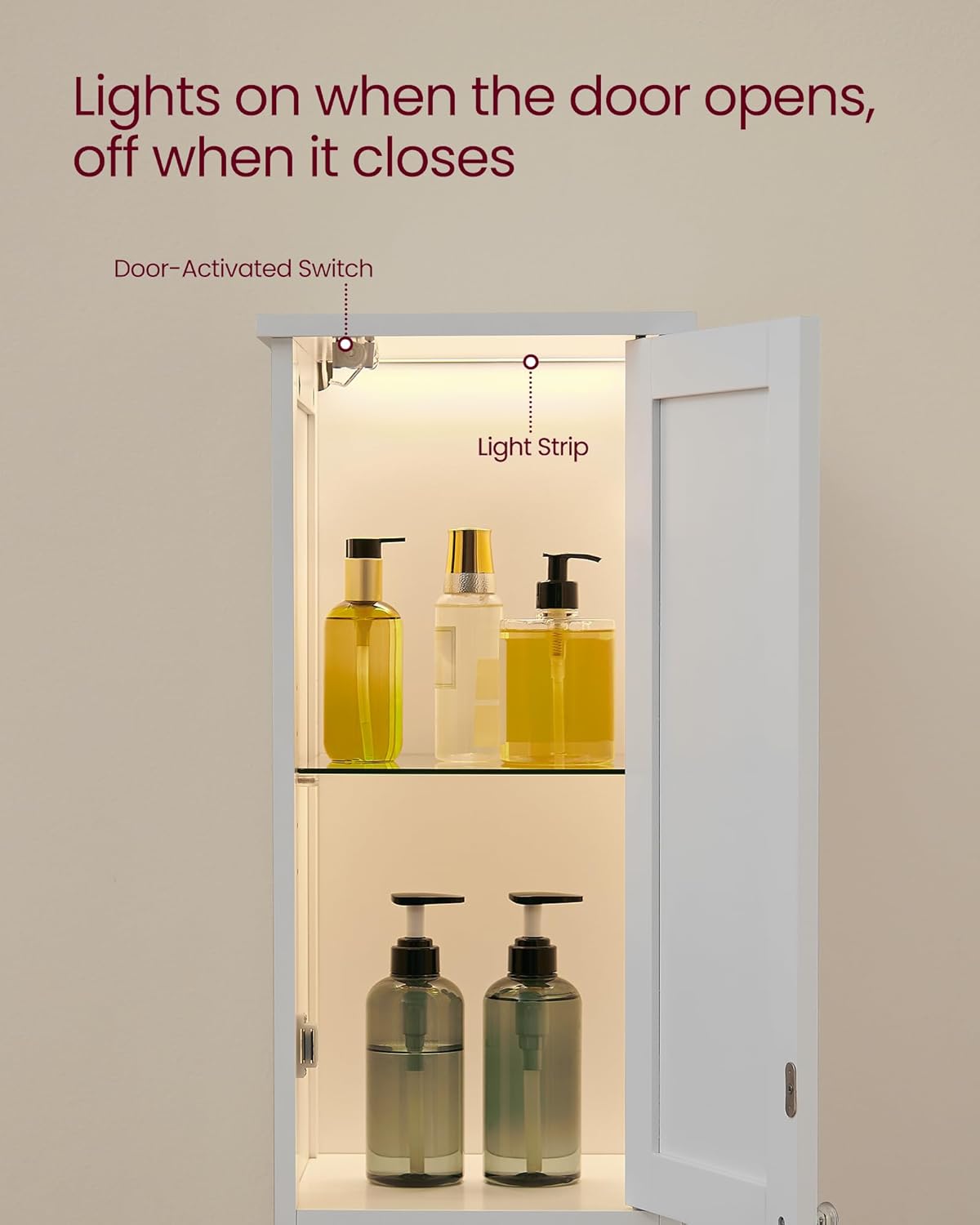 VASAGLE Tall Bathroom Cabinet with Lights, Slim Freestanding Bathroom Storage Cabinet with Adjustable Shelves, for Small Spaces, Modern, 11.8 Inches Wide, Cloud White UBBC566W02