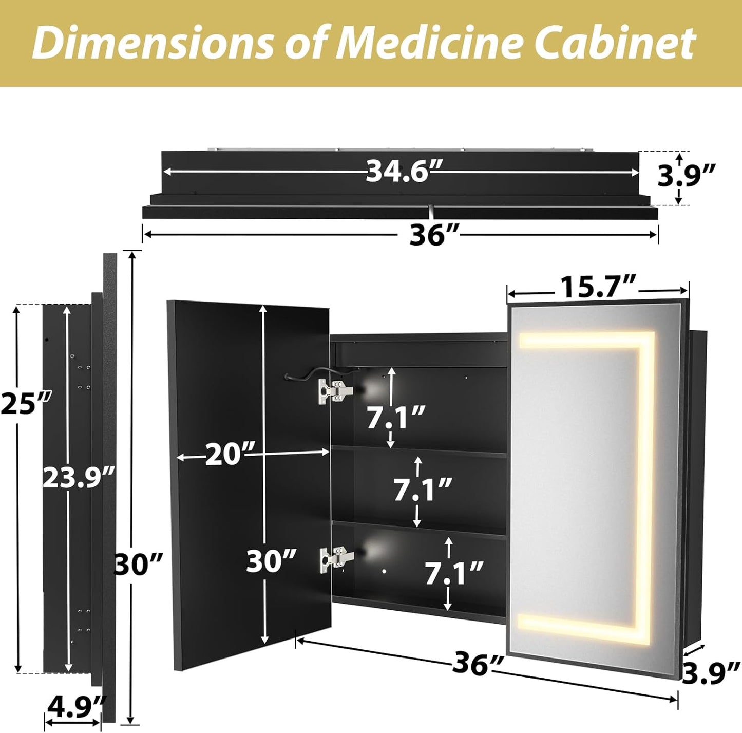 APRILSOUL 36X30 Inch Black Bathroom Medicine Cabinet with Mirror, Recessed or Surface Lighted Medicine Cabinet with 3 Colors Temperature, Dimmable Light