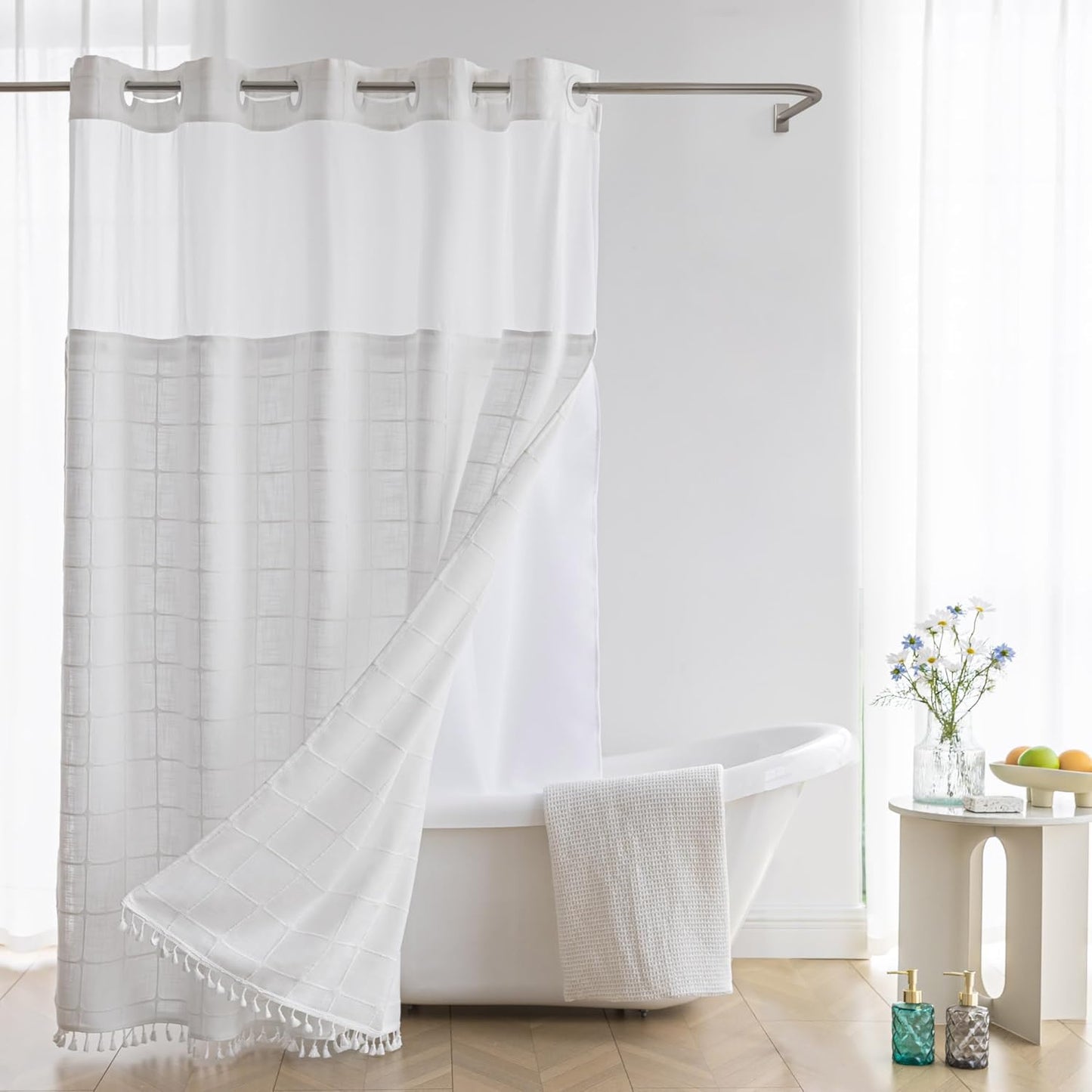 River Dream Farmhouse Linen Textured Shower Curtain with Snap-in Liner Set, No Hooks Needed, with Tassels for Rustic Bathroom Decor,with Window,with Magnets,Linen,71Wx74H