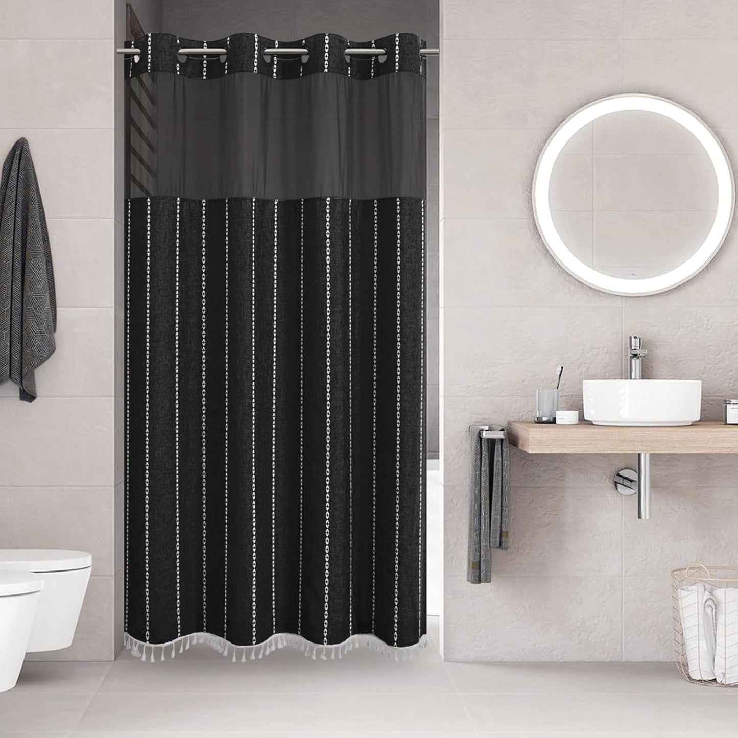 Boho Farmhouse No Hook Shower Curtain Set with Snap-in Fabric Liner,Heavy-Duty Linen Textured Rustic Striped Design,Water-Repellent with Tassels and Sheer Window,Cream/Beige,71x74