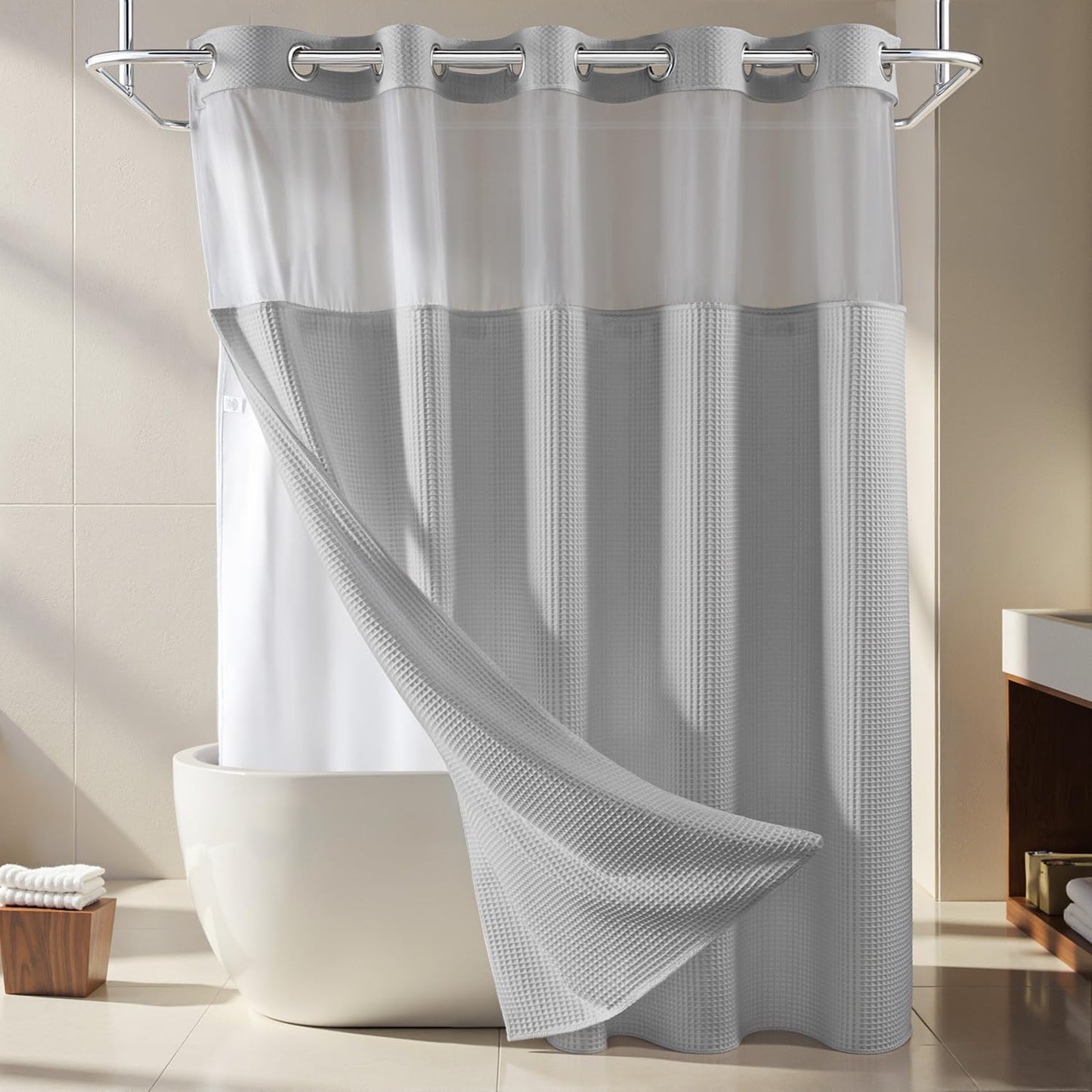 River Dream White Fabric Shower Curtain Set, Cotton Blend, Waffle Weave, with Snap in Replacement Liner,71 x 74 inches