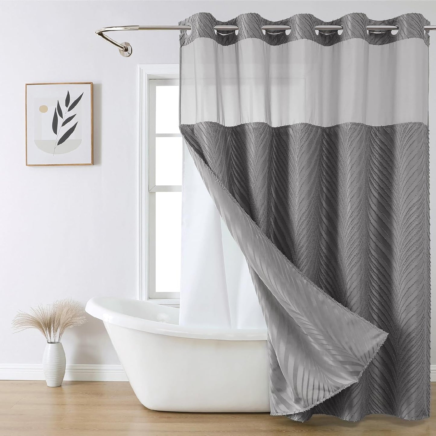 No Hook Shower Curtain and Liner Set,No Hook Tufted Striped Textured Shower Curtain with Snap in Liner Replacement and Waterproof Fabric,Boho Style with See Through Top Window,DarkGreen,71Wx74H