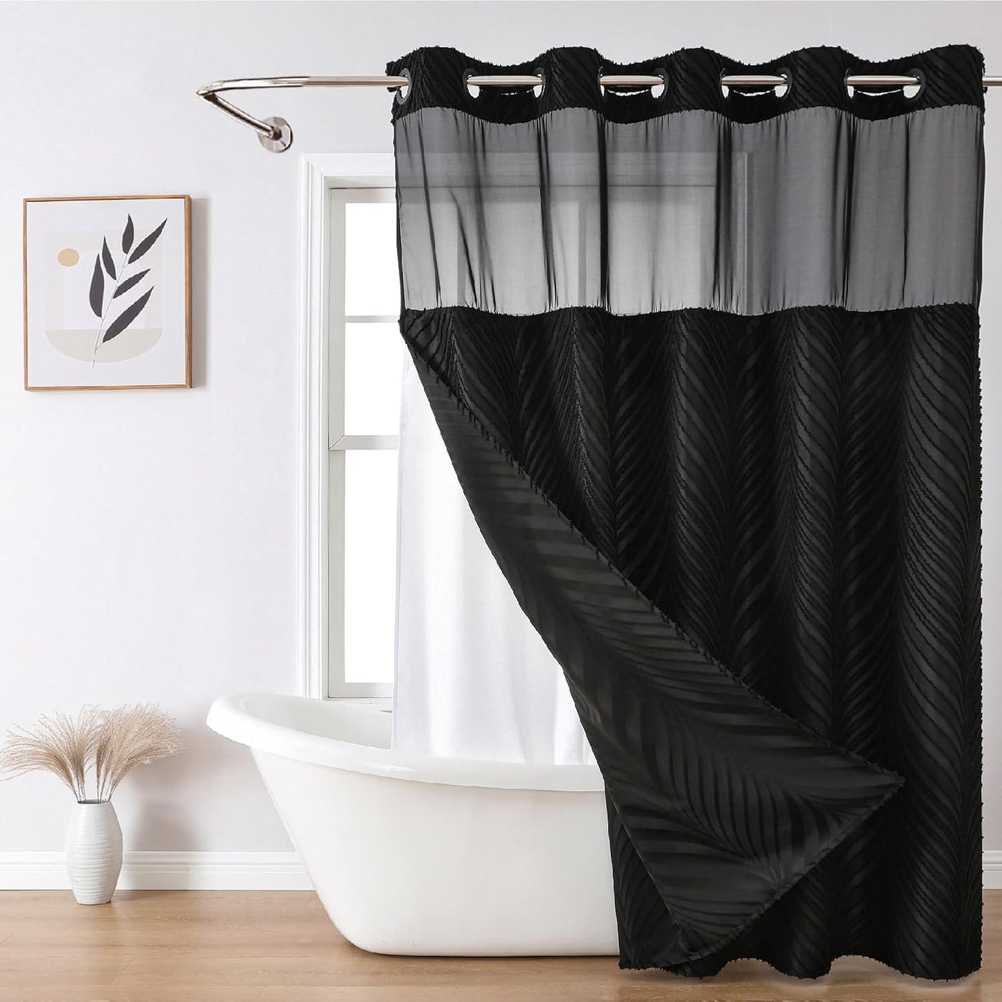 No Hook Shower Curtain and Liner Set,No Hook Tufted Striped Textured Shower Curtain with Snap in Liner Replacement and Waterproof Fabric,Boho Style with See Through Top Window,DarkGreen,71Wx74H