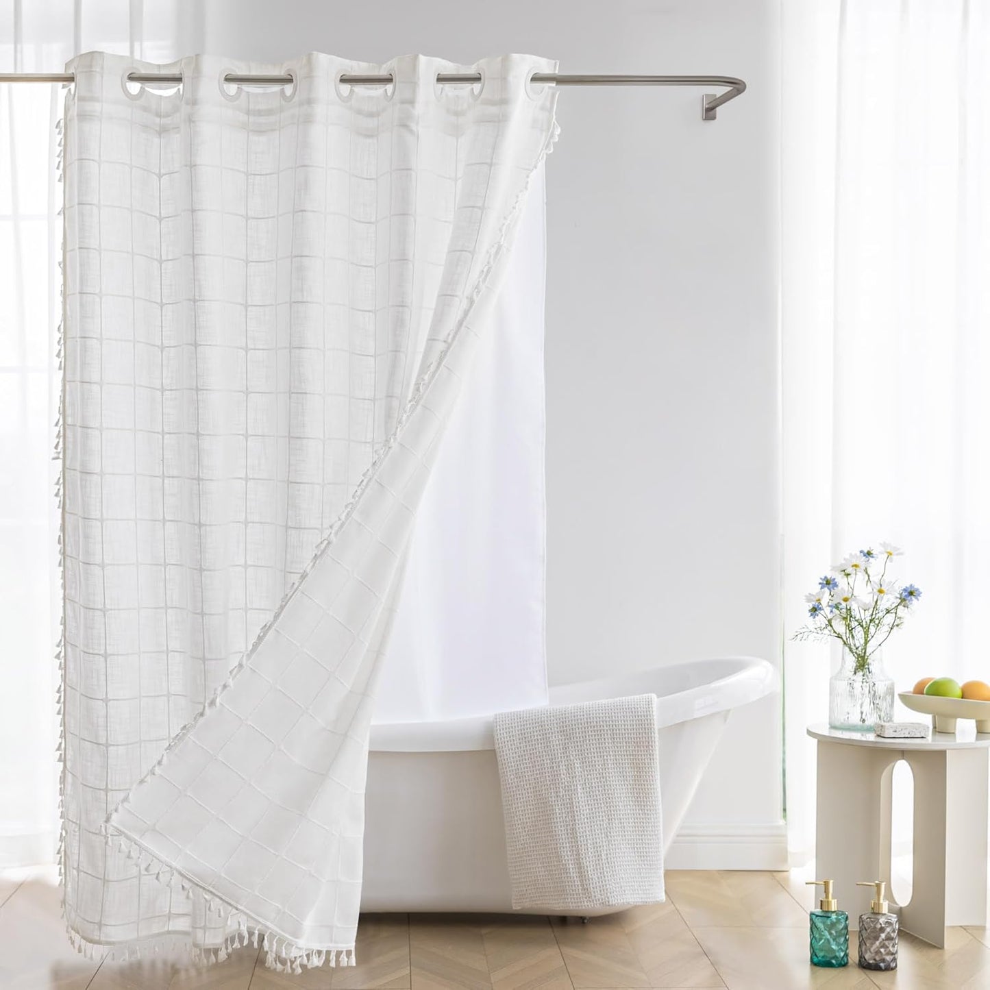 River Dream Farmhouse Linen Textured Shower Curtain with Snap-in Liner Set, No Hooks Needed, with Tassels for Rustic Bathroom Decor,with Window,with Magnets,Linen,71Wx74H