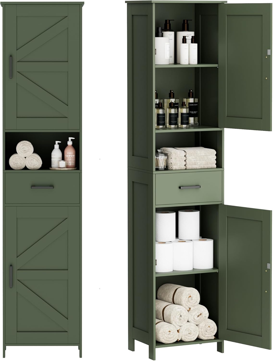 Homhedy 67" H Tall Bathroom Storage Cabinet with 2 Barn Doors and 1 Drawer, Narrow Storage Unit, Adjustable Shelves, Floor Cabinet for Bathroom, Living Room, Entryway, Kitchen, White, (15.7" W)