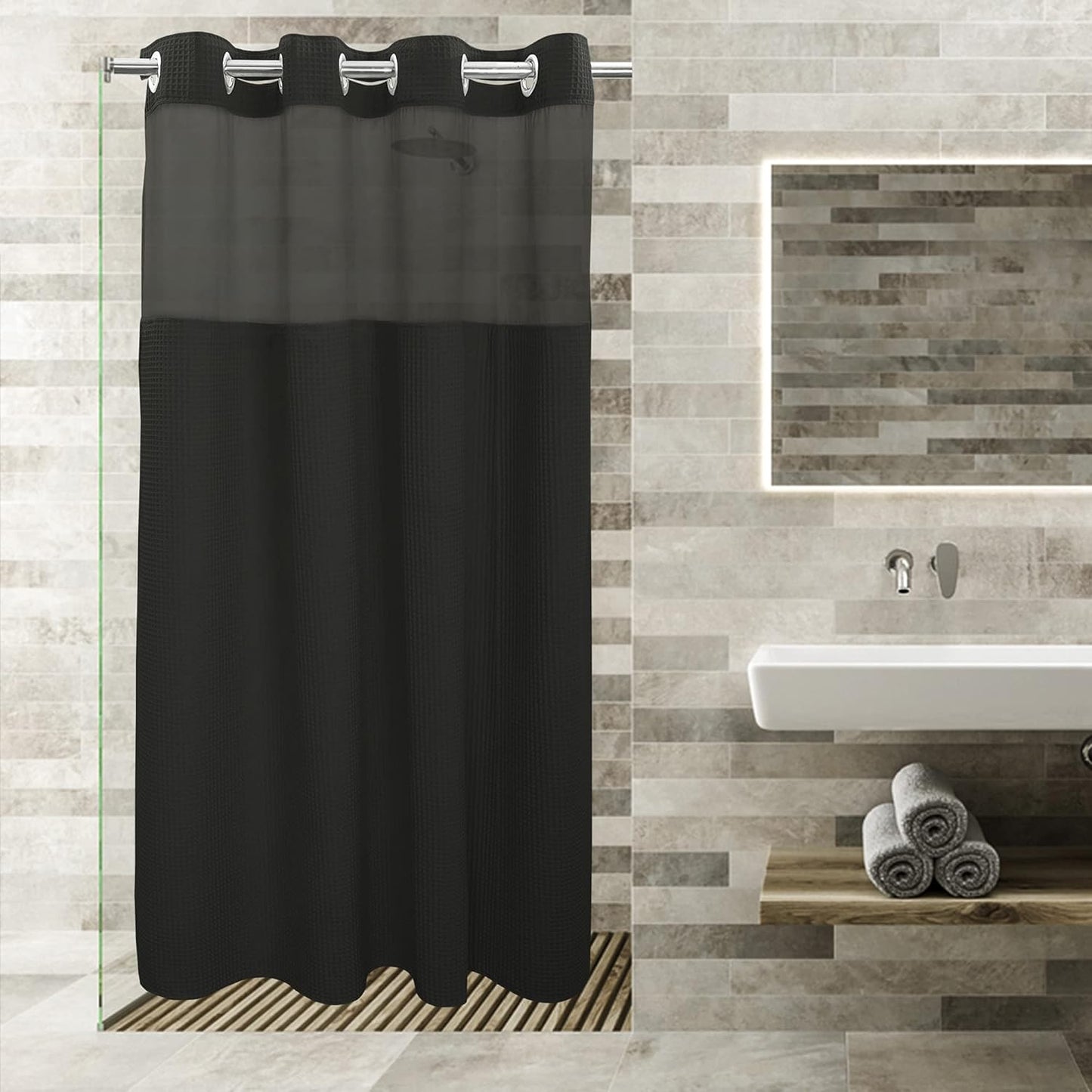 River Dream White Fabric Shower Curtain Set, Cotton Blend, Waffle Weave, with Snap in Replacement Liner,71 x 74 inches