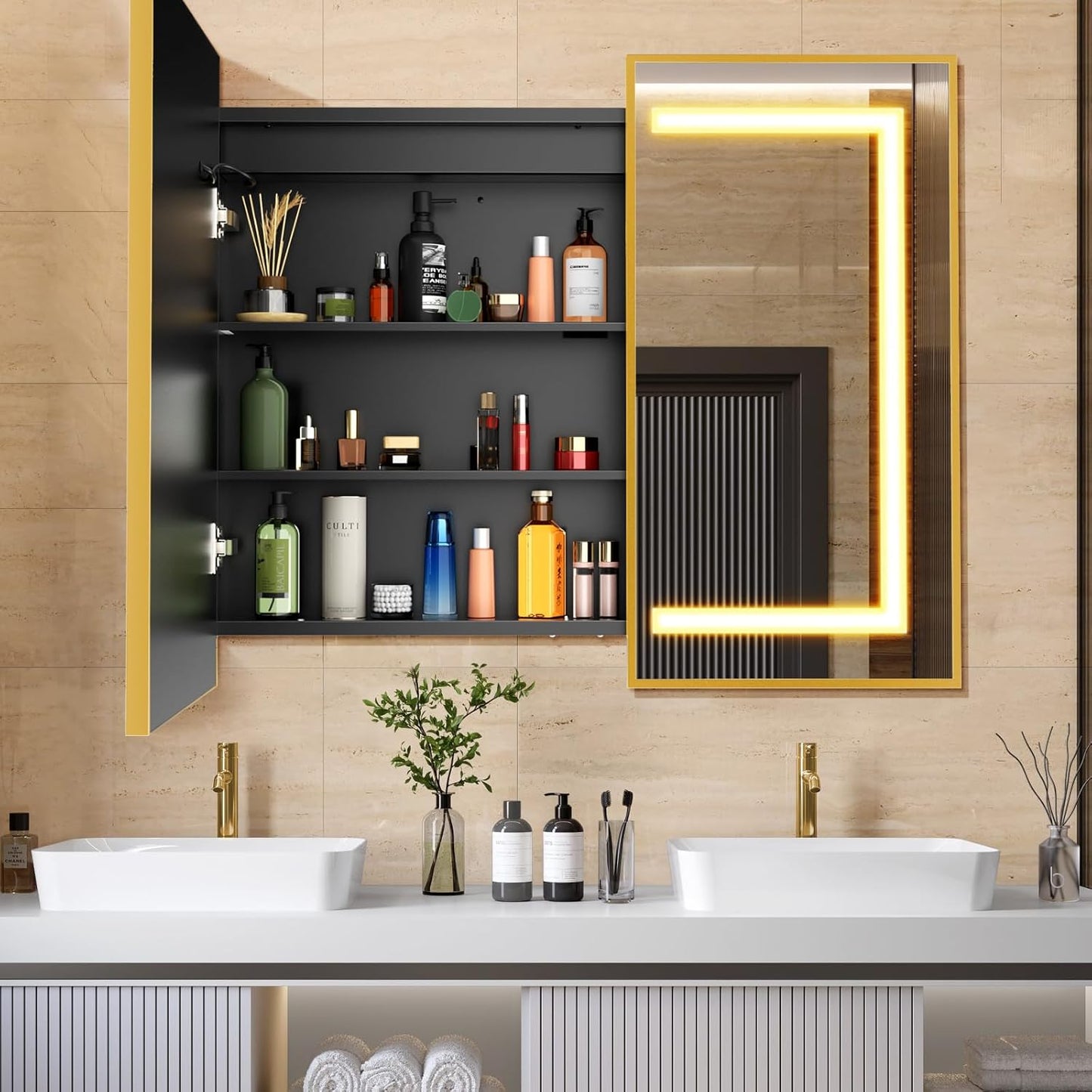 APRILSOUL 36X30 Inch Black Bathroom Medicine Cabinet with Mirror, Recessed or Surface Lighted Medicine Cabinet with 3 Colors Temperature, Dimmable Light