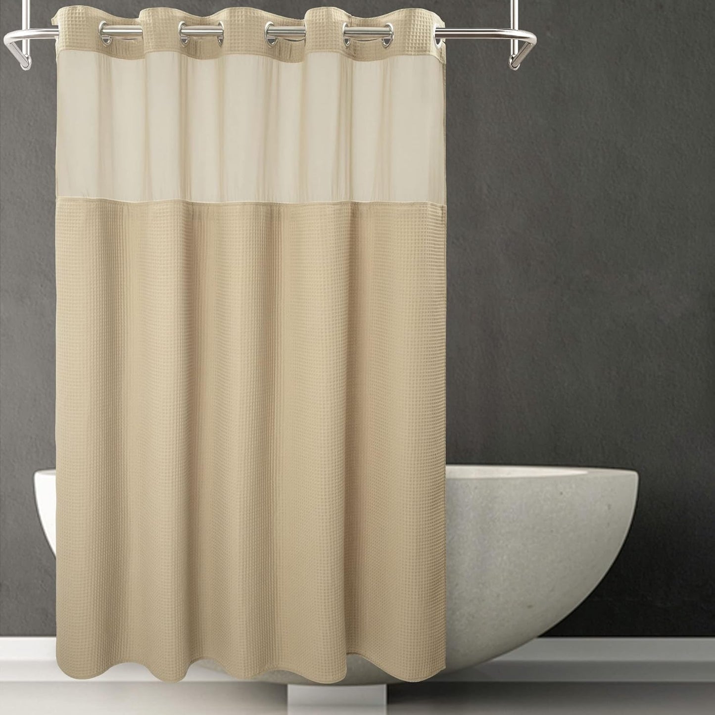 River Dream White Fabric Shower Curtain Set, Cotton Blend, Waffle Weave, with Snap in Replacement Liner,71 x 74 inches