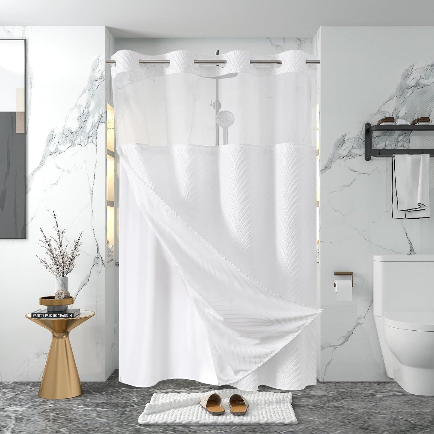 No Hook Shower Curtain and Liner Set,No Hook Tufted Striped Textured Shower Curtain with Snap in Liner Replacement and Waterproof Fabric,Boho Style with See Through Top Window,DarkGreen,71Wx74H