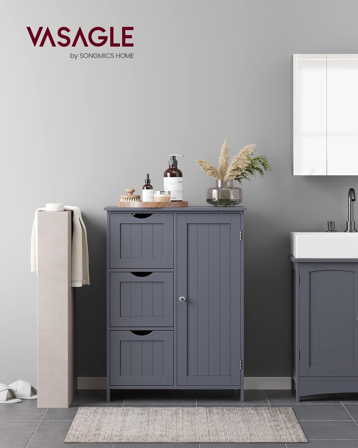VASAGLE Bathroom Floor Storage Cabinet, Freestanding Bathroom Storage Unit with 3 Drawers, 1 Adjustable Shelf, 11.8 x 23.6 x 31.5 Inches, Slate Gray UBBC049G01