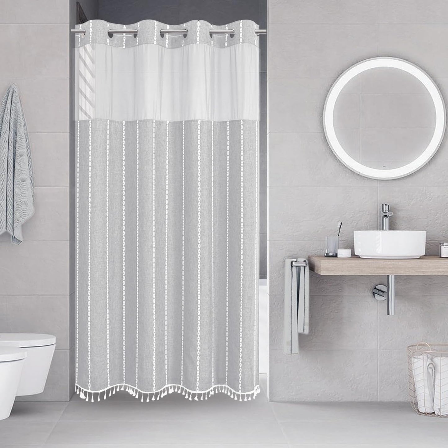 Boho Farmhouse No Hook Shower Curtain Set with Snap-in Fabric Liner,Heavy-Duty Linen Textured Rustic Striped Design,Water-Repellent with Tassels and Sheer Window,Cream/Beige,71x74