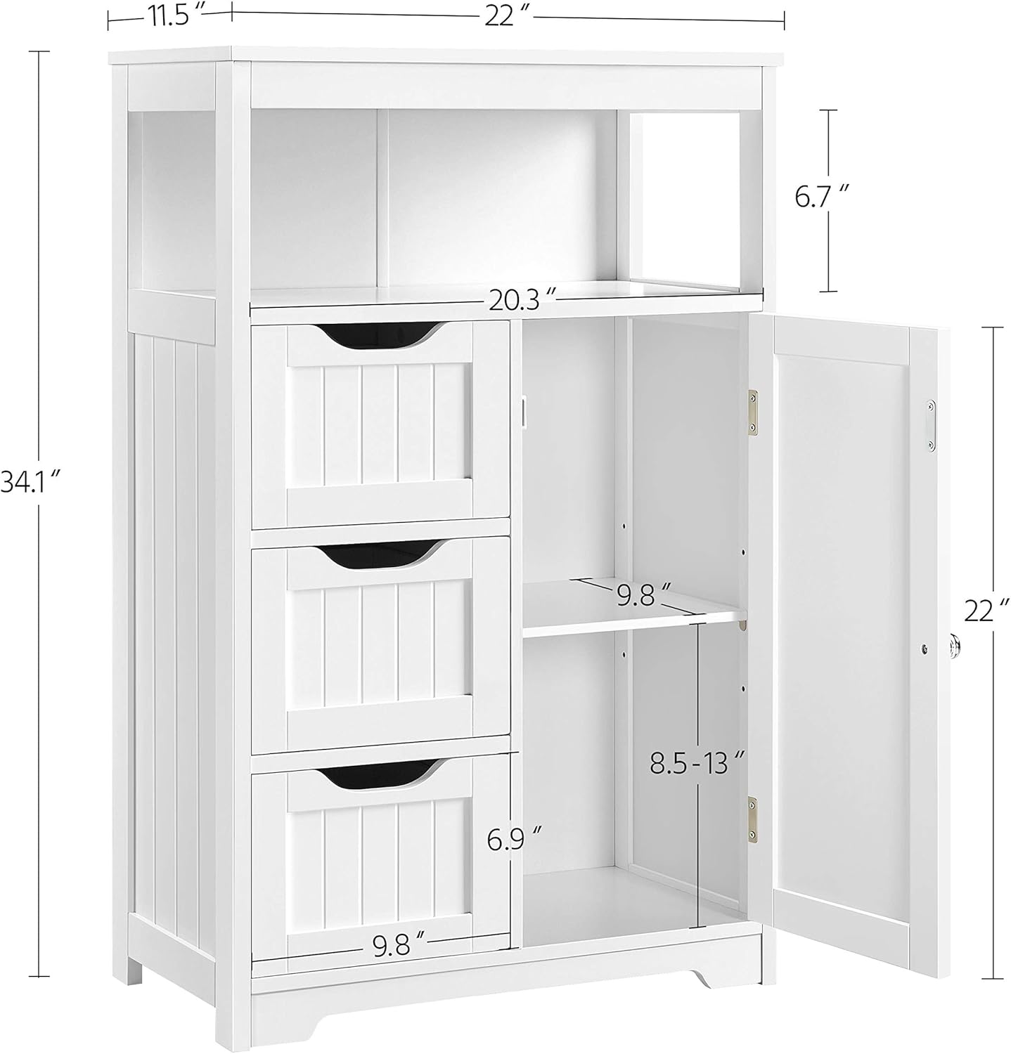 Yaheetech Bathroom Floor Cabinet Wooden Storage Organizer with 1 Door and 3 Drawers, Free-Standing Cupboard for Kitchen/Living Room/Bathroom Use, White