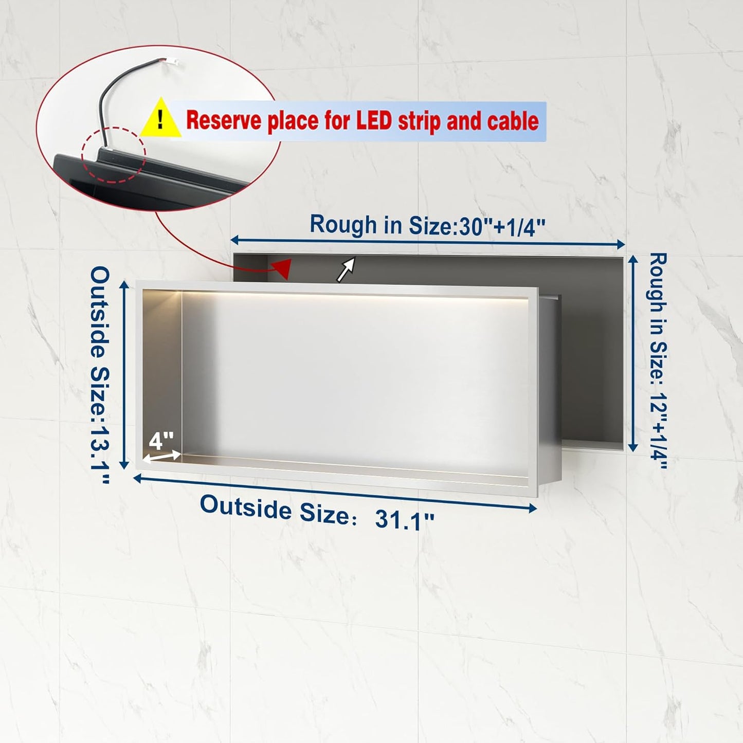 Neodrain Recessed LED Shower Niche, Brushed 30X12 in Waterproof Stainless Steel Wall Niche, 3000K LED Strip No Tile Needed Cabinet for Bathroom Storage