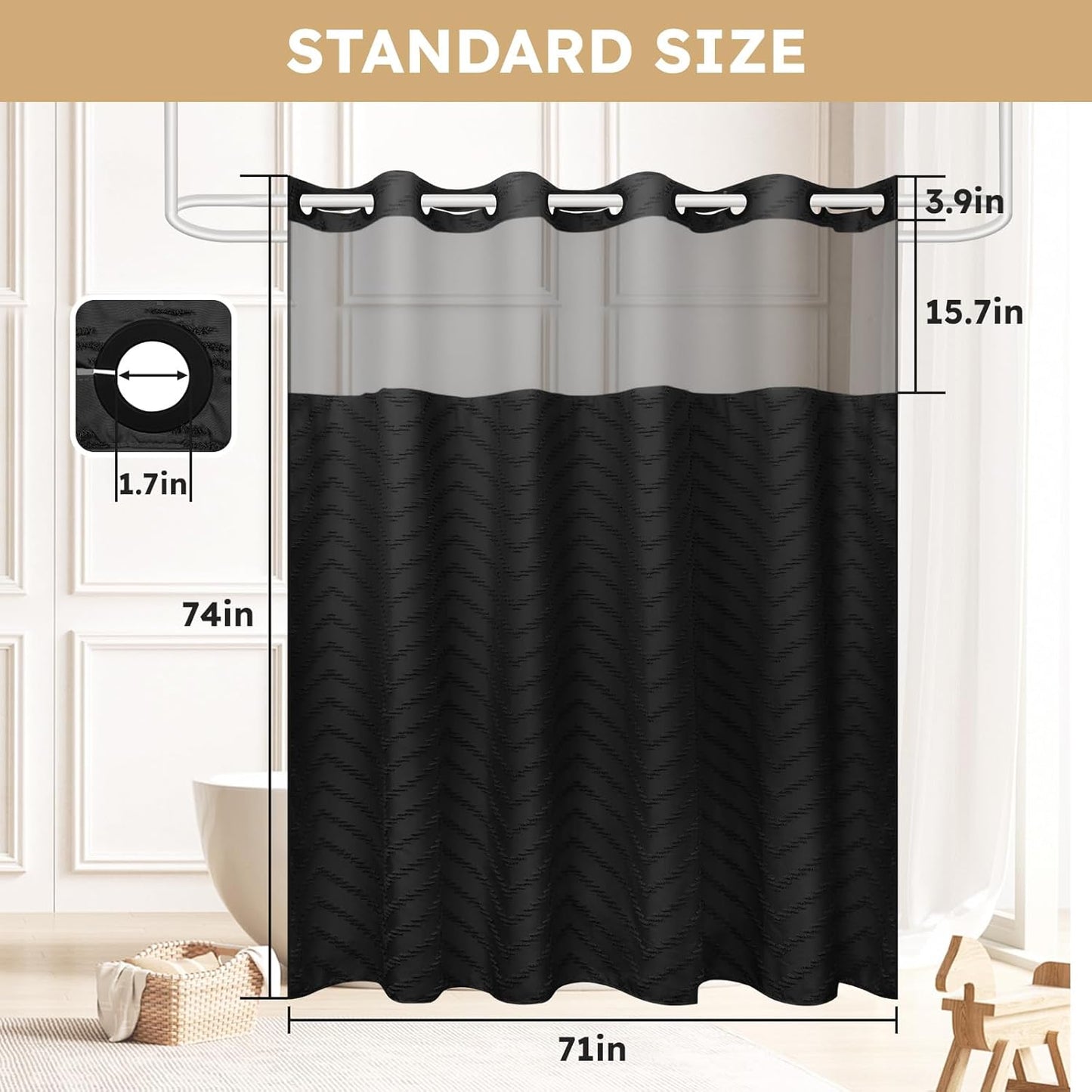 No Hook Shower Curtain and Liner Set, Black Snap in Shower Curtain Ringless Chevron Tufted Cloth Waterproof Washable Fabric Bath Curtain with See Through Top Window for Bathroom Hotel 71" x 74"