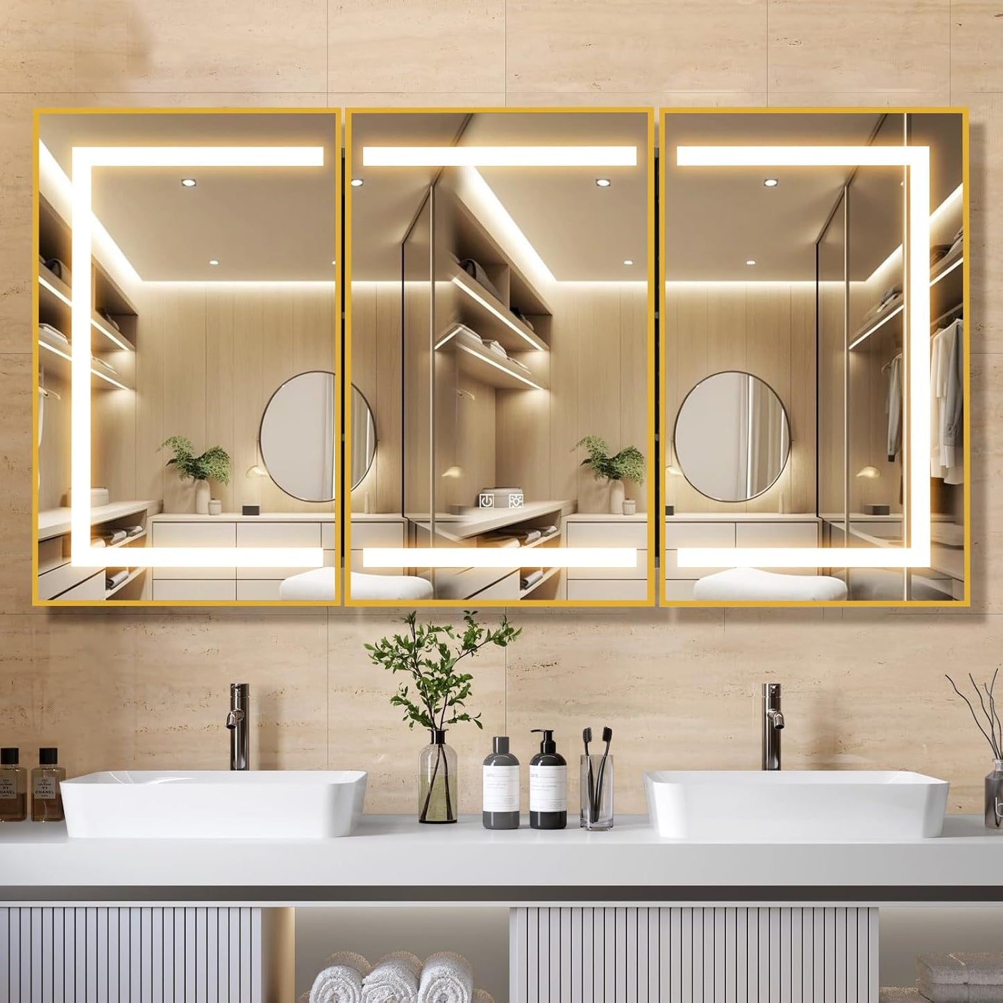APRILSOUL 36X30 Inch Black Bathroom Medicine Cabinet with Mirror, Recessed or Surface Lighted Medicine Cabinet with 3 Colors Temperature, Dimmable Light