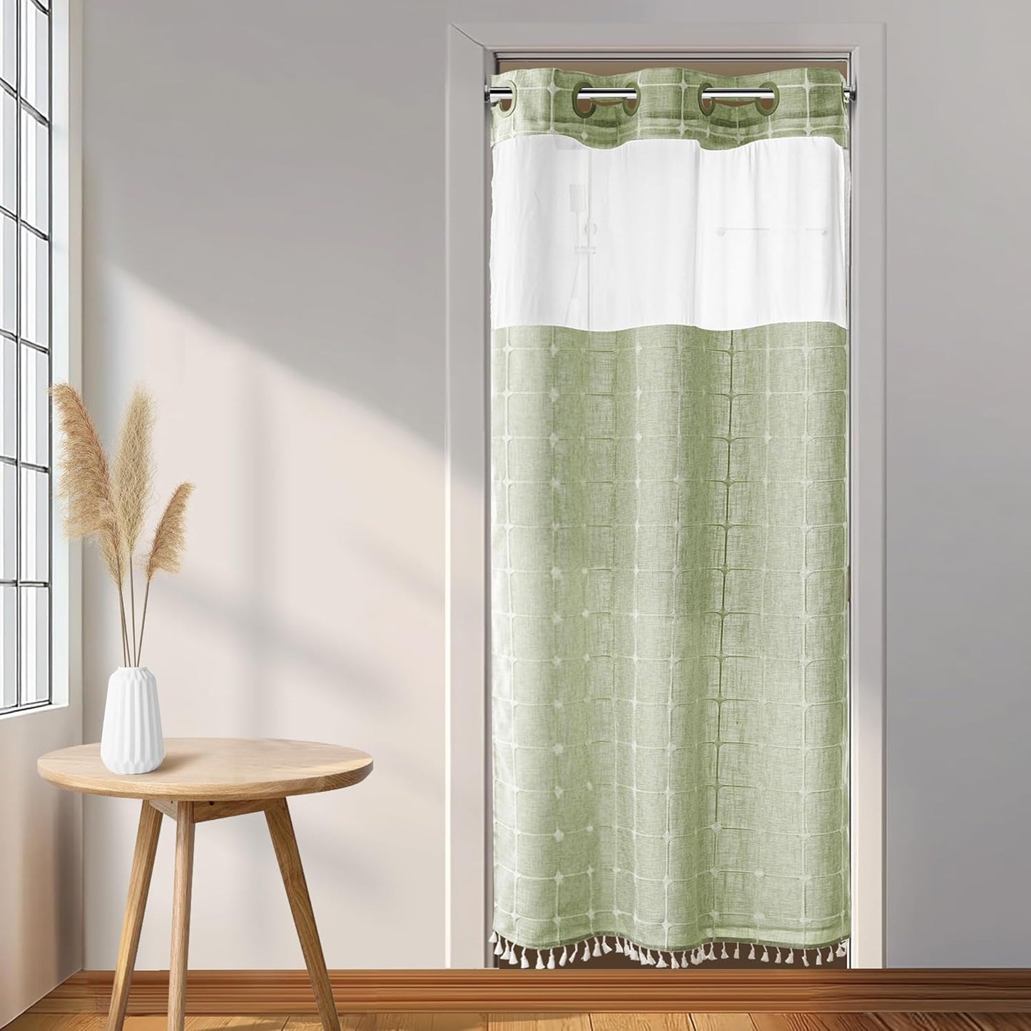 River Dream Farmhouse Linen Textured Shower Curtain with Snap-in Liner Set, No Hooks Needed, with Tassels for Rustic Bathroom Decor,with Window,with Magnets,Linen,71Wx74H