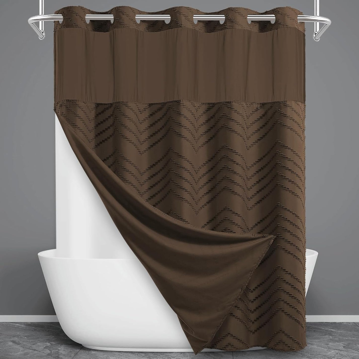 No Hook Shower Curtain with Snap in Liner, Tufted Chevron Striped Shower Curtain Set for Bathroom, Boho Waterproof and Washable Shower Curtains,71Wx74H, Grey