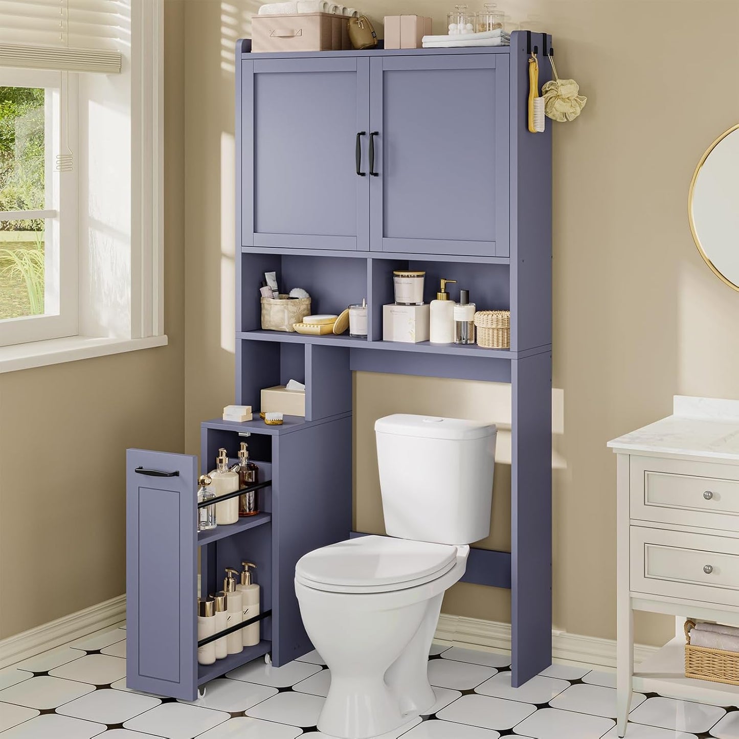 Over The Toilet Storage Cabinet with Pulley Small Bathroom Storage Cabinet, Space Saver W/Adjustable Shelf & Open Shelf for Bathroom, Restroom, Laundry (White)
