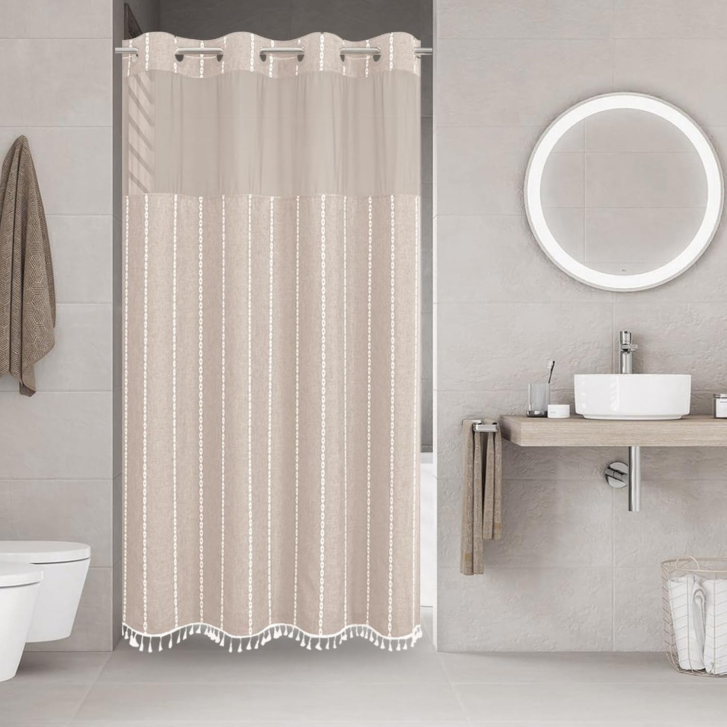 Boho Farmhouse No Hook Shower Curtain Set with Snap-in Fabric Liner,Heavy-Duty Linen Textured Rustic Striped Design,Water-Repellent with Tassels and Sheer Window,Cream/Beige,71x74