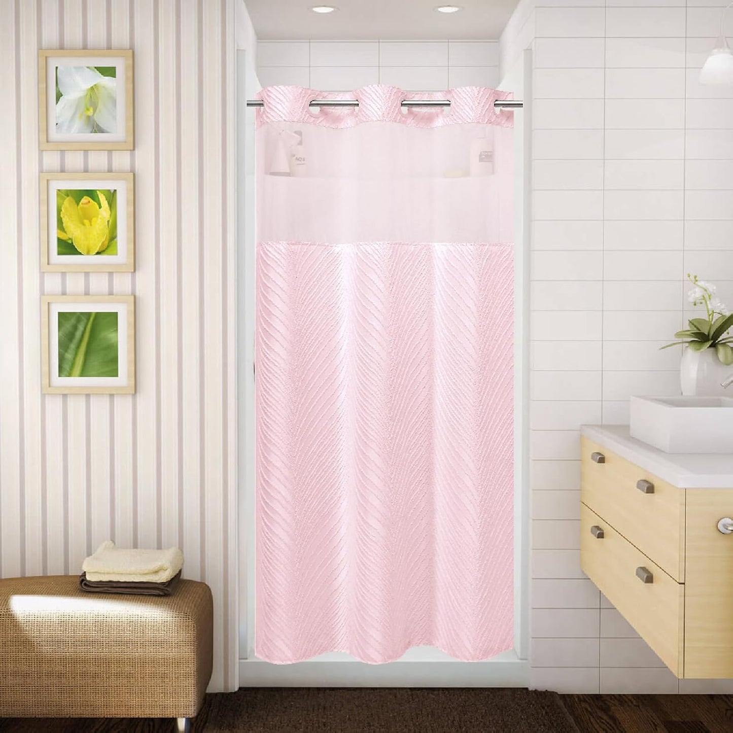 No Hook Shower Curtain and Liner Set,No Hook Tufted Striped Textured Shower Curtain with Snap in Liner Replacement and Waterproof Fabric,Boho Style with See Through Top Window,DarkGreen,71Wx74H